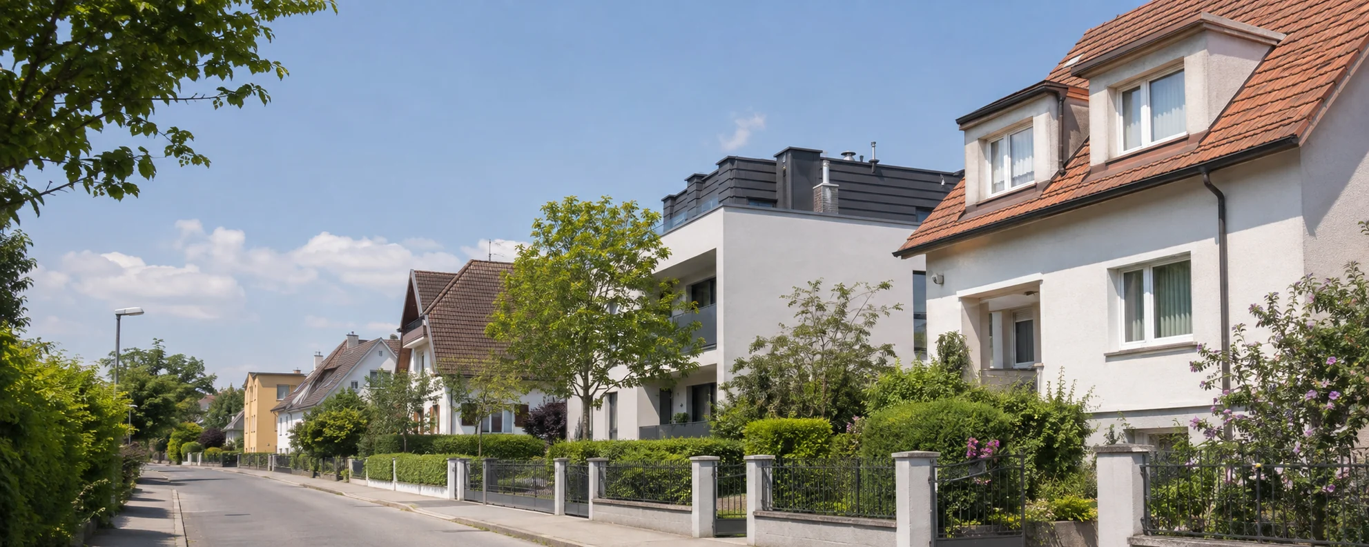 Helle Wohnstraße mit österreichischen Wohnhäusern