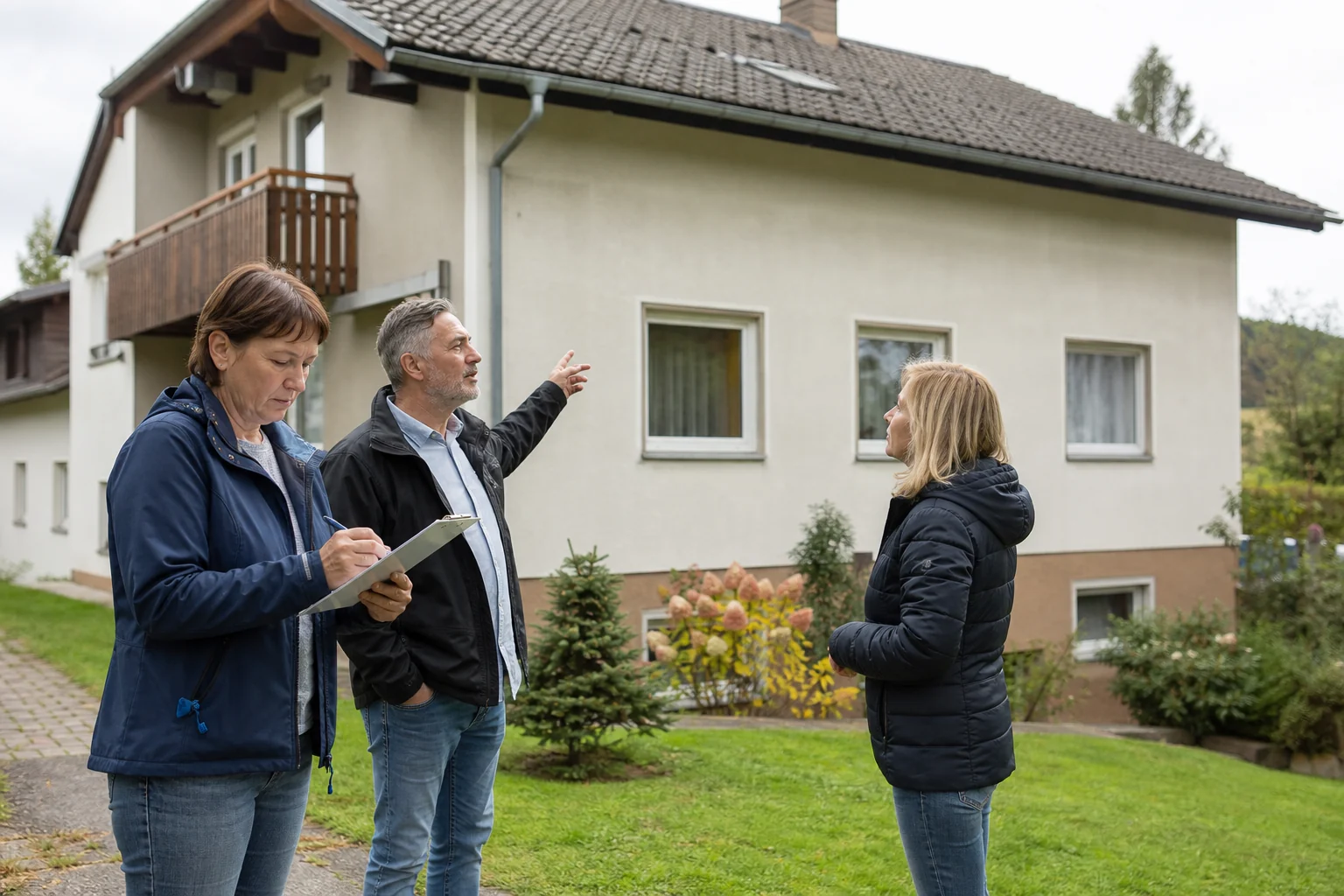 Drei Erwachsene bei der Aufnahme eines Wohnhauses vor Ort